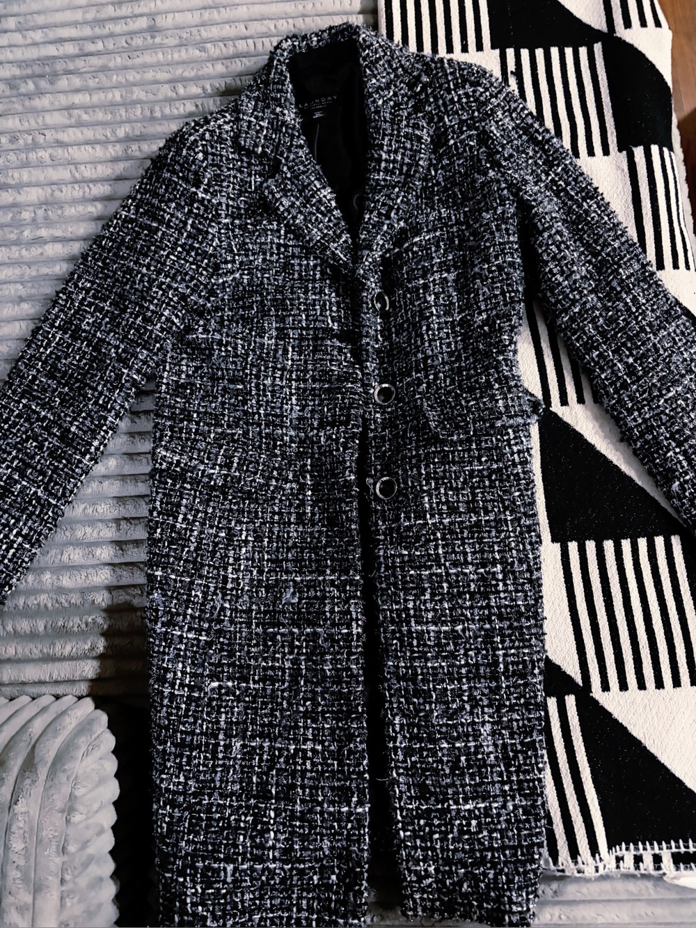 Textured Black & White Tweed Long Coat